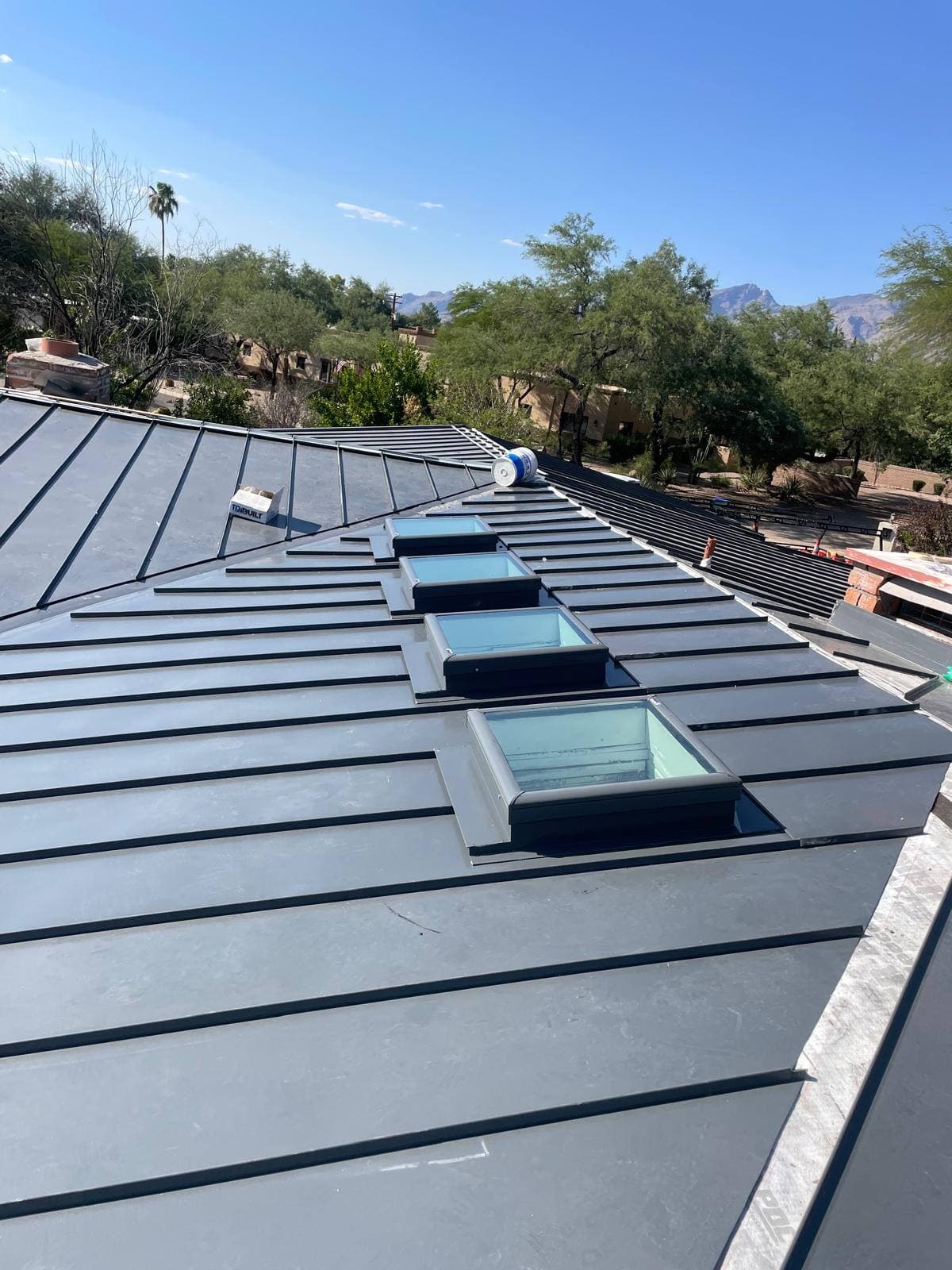 Gray standing-seam metal roof with four curb-mounted skylights stepped down the slope, with desert trees and mountains on the horizon