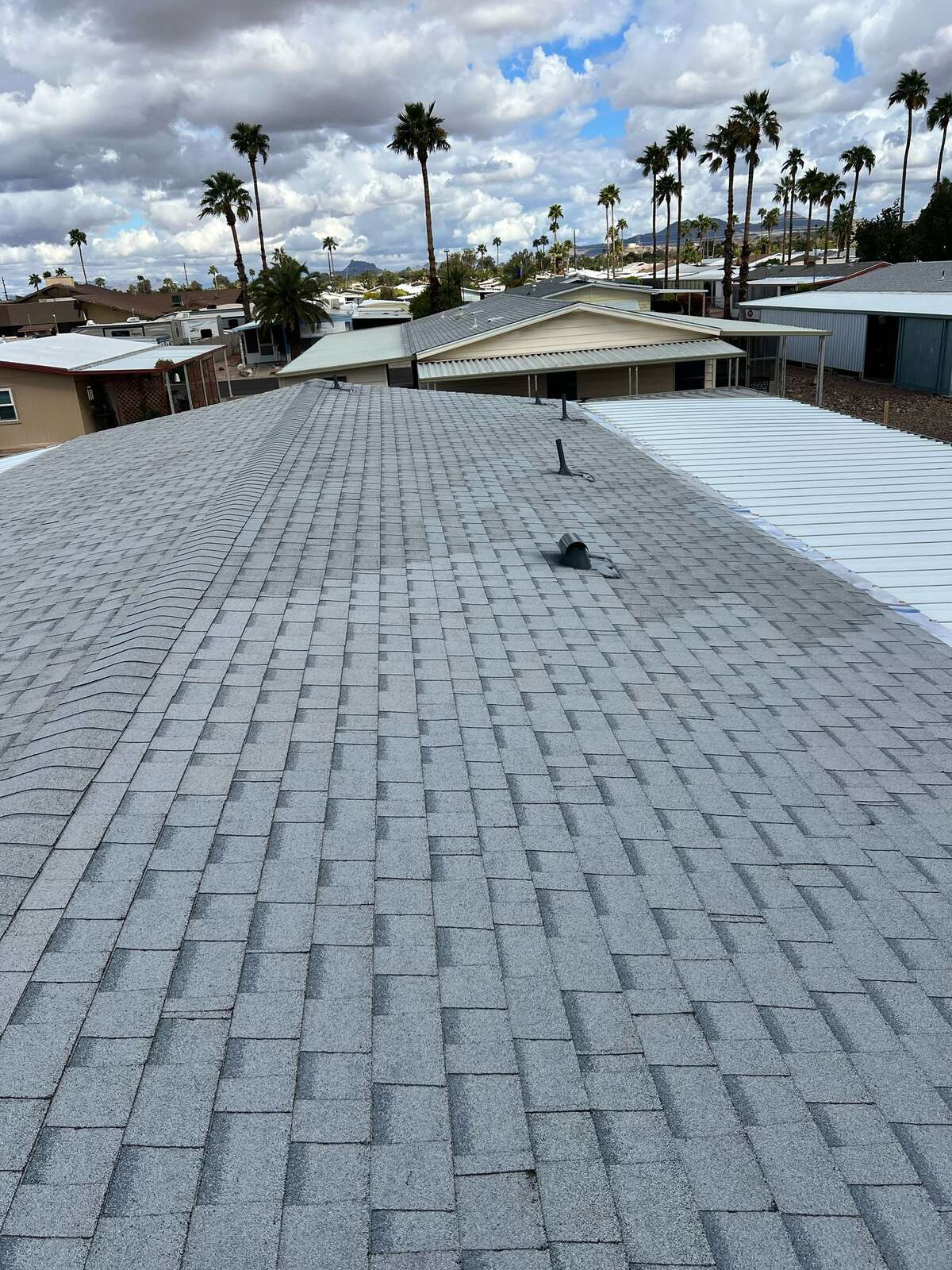 Gray shingle roof on a manufactured home with an adjoining white metal panel section, overlooking a palm-lined Arizona mobile home park
