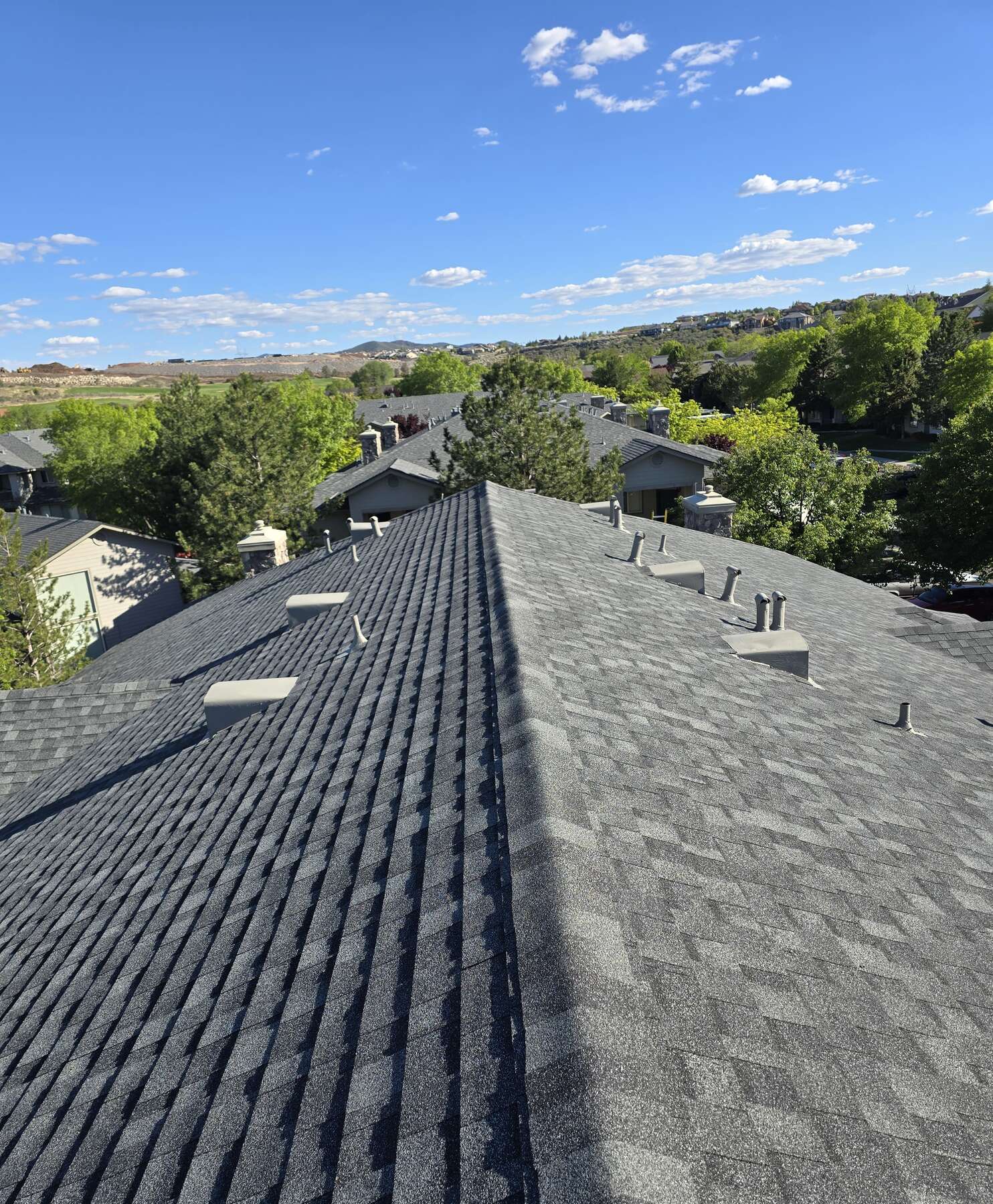 Freshly installed gray architectural asphalt shingle roof with color-matched vents and pipe jacks, photographed along the hip ridge above a wooded neighborhood.