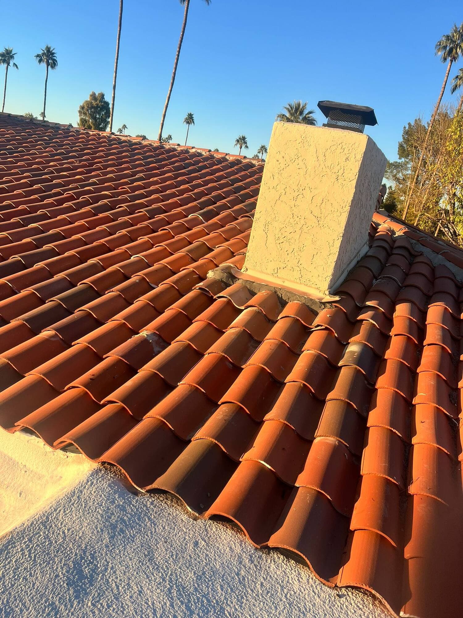 Warm evening light across an orange clay S-tile roof, with a stucco chimney and palm trees against a deep blue Arizona sky.